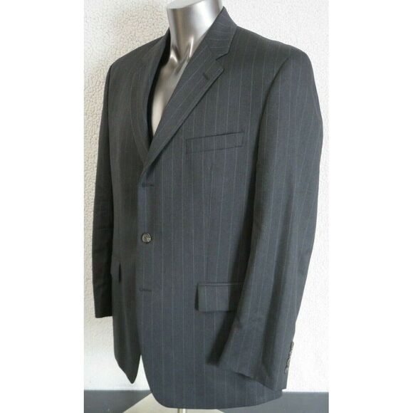 Mens Lauren  Ralph Lauren Black Gray 3 Button Suit‎ Jacket Size 44R Striped Wool - Picture 4 of 9